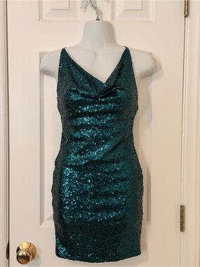 Fashion Nova Teal Sequin Cowl Neck Mini Dress